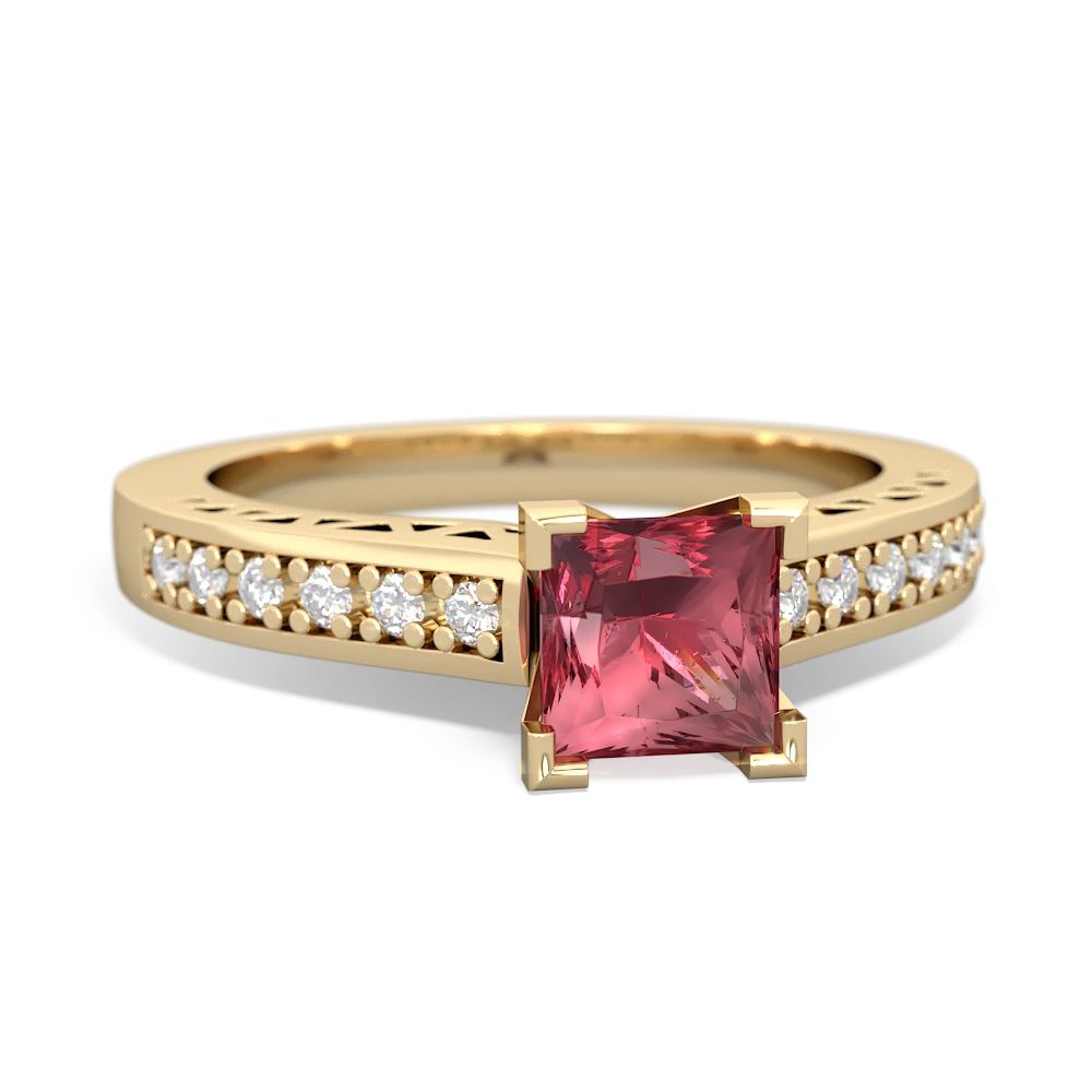 Pink Tourmaline Art Deco Engagement 5Mm Square 14K Yellow Gold ring R26355SQ