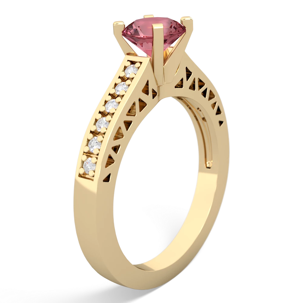 Pink Tourmaline Art Deco Engagement 6Mm Round 14K Yellow Gold ring R26356RD