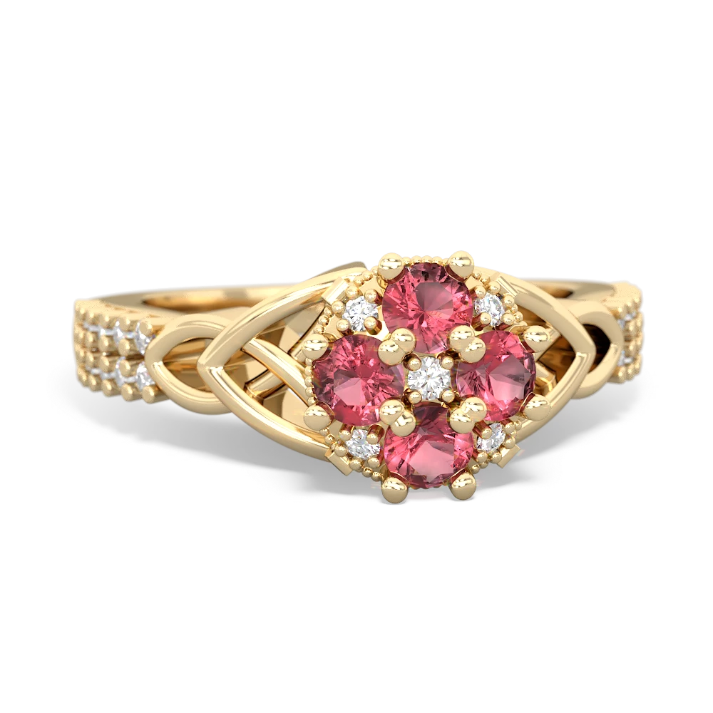 Pink Tourmaline Celtic Knot Cluster Engagement 14K Yellow Gold ring R26443RD