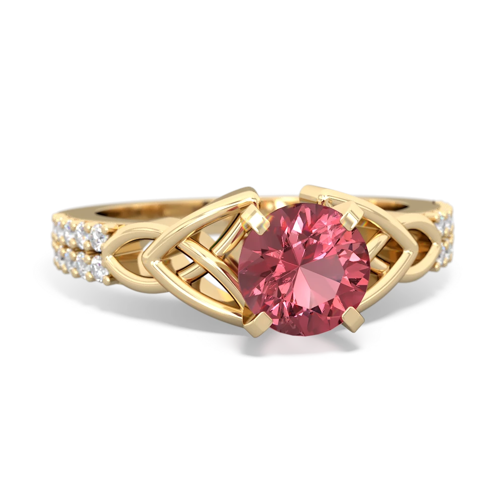 Pink Tourmaline Celtic Knot 6Mm Round Engagement 14K Yellow Gold ring R26446RD