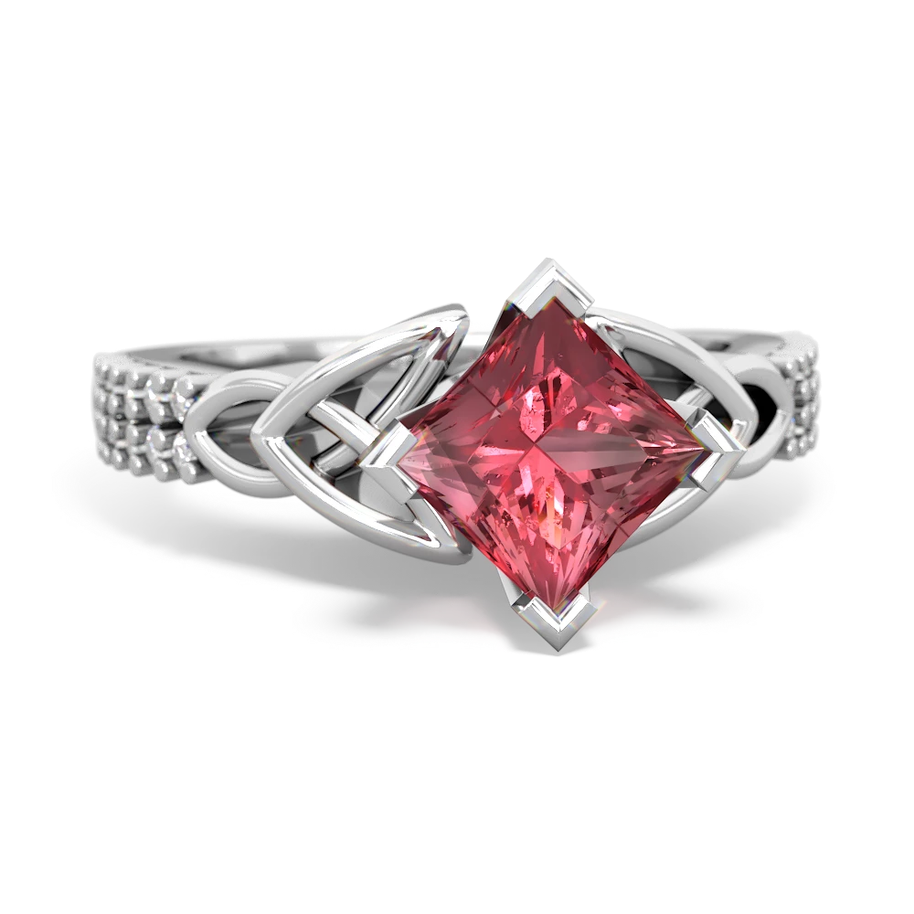 Pink Tourmaline Celtic Knot 6Mm Princess Engagement 14K White Gold ring R26446SQ