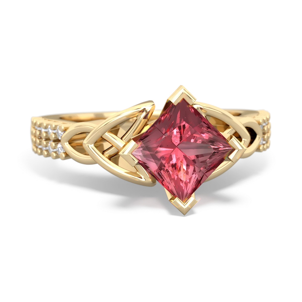 Pink Tourmaline Celtic Knot 6Mm Princess Engagement 14K Yellow Gold ring R26446SQ