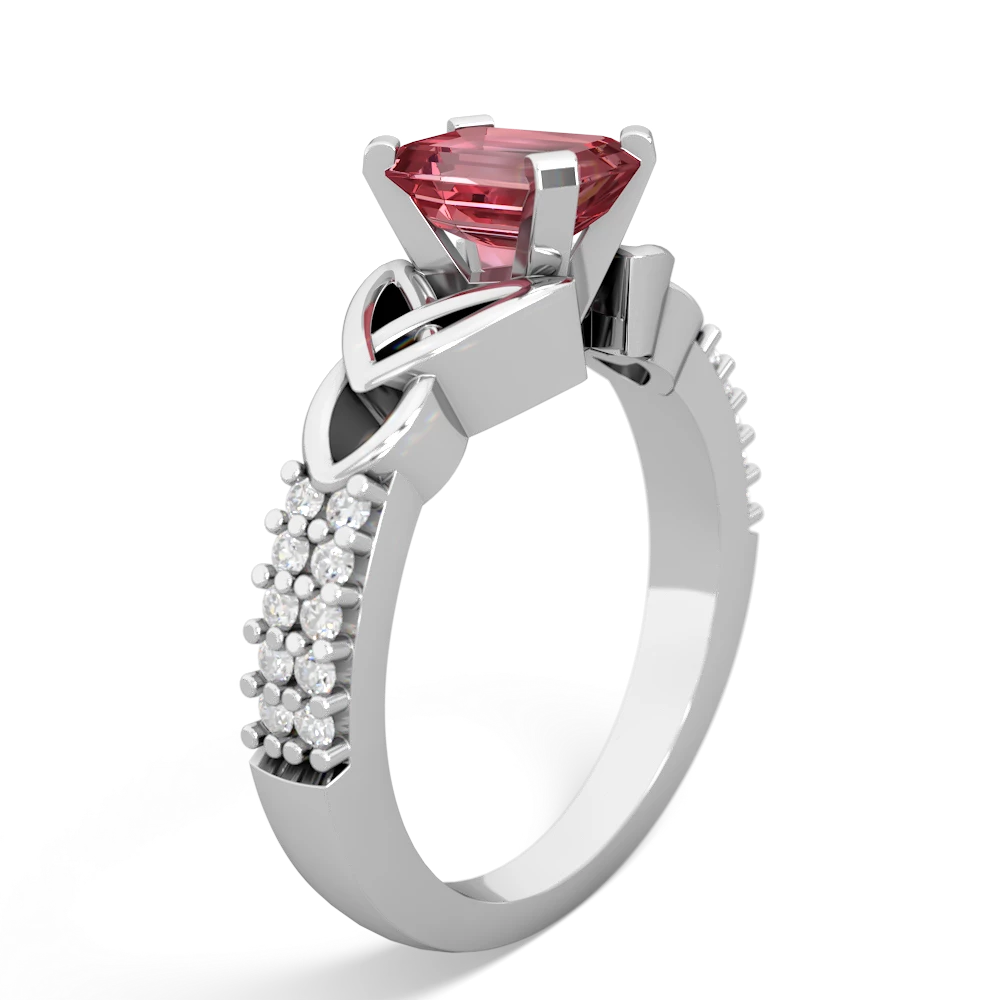 Pink Tourmaline Celtic Knot 7X5 Emerald-Cut Engagement 14K White Gold ring R26447EM