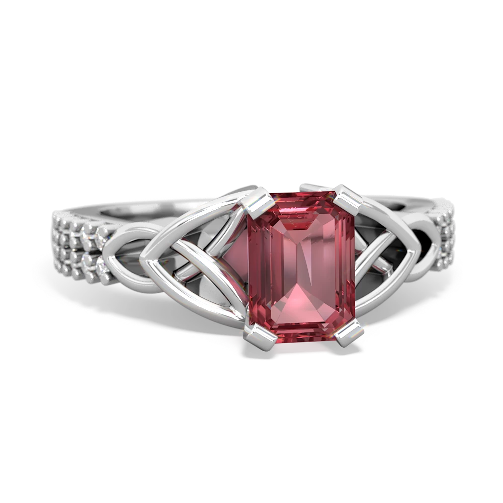 Pink Tourmaline Celtic Knot 7X5 Emerald-Cut Engagement 14K White Gold ring R26447EM