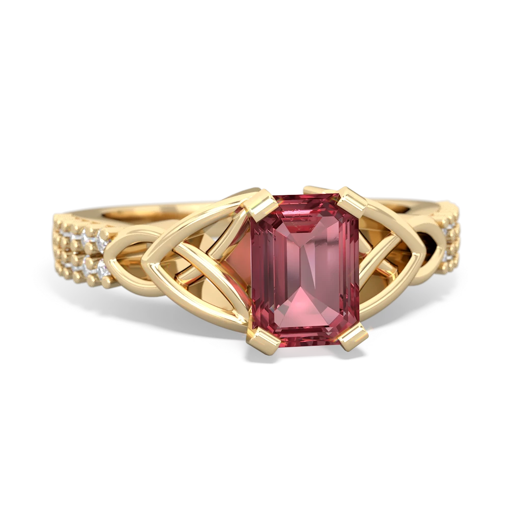 Pink Tourmaline Celtic Knot 7X5 Emerald-Cut Engagement 14K Yellow Gold ring R26447EM