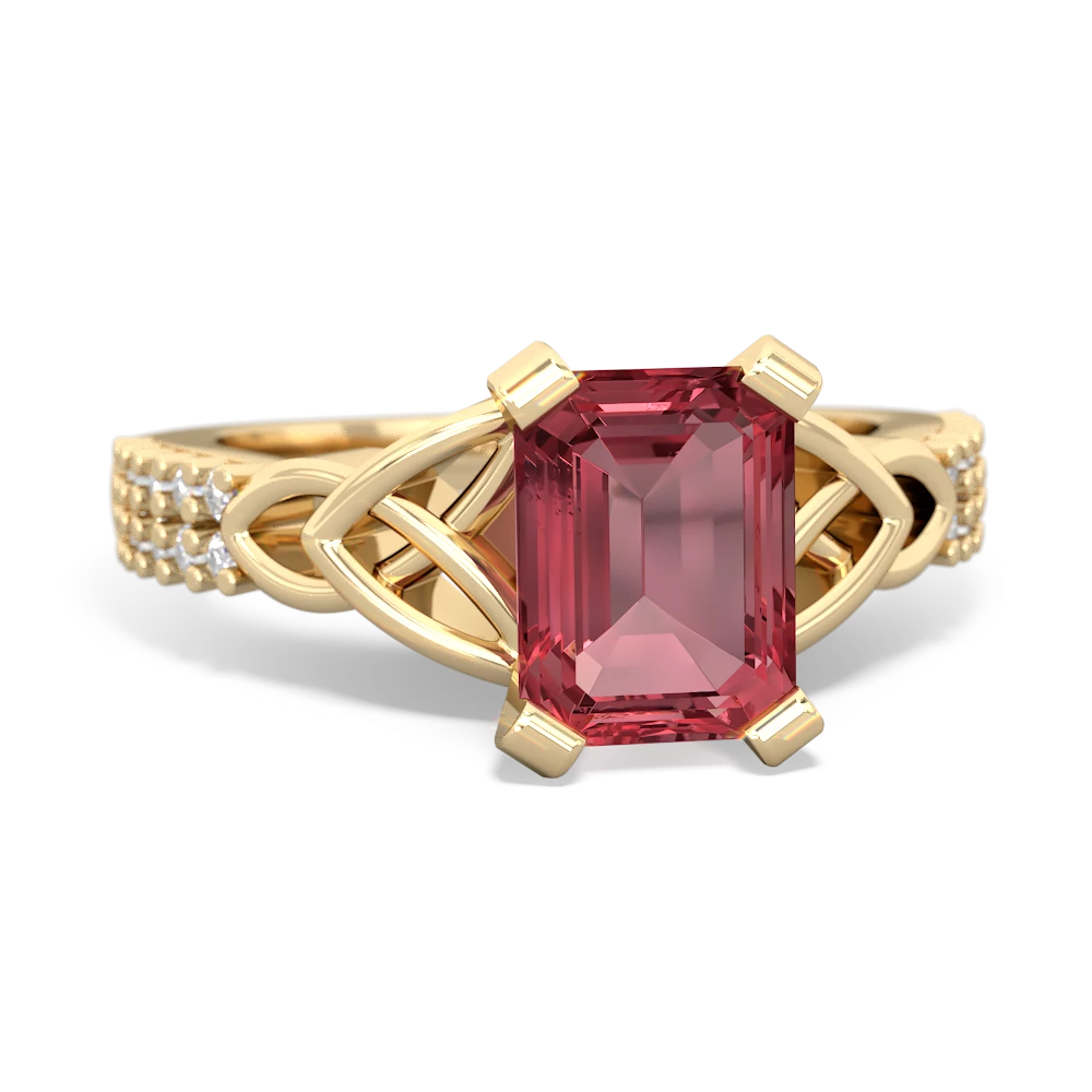 Pink Tourmaline Celtic Knot 8X6 Emerald-Cut Engagement 14K Yellow Gold ring R26448EM