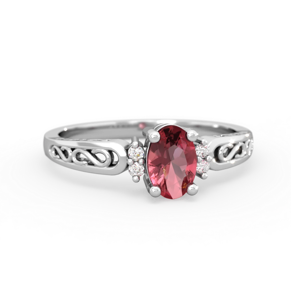 Pink Tourmaline Filligree Scroll Oval 14K White Gold ring R0812