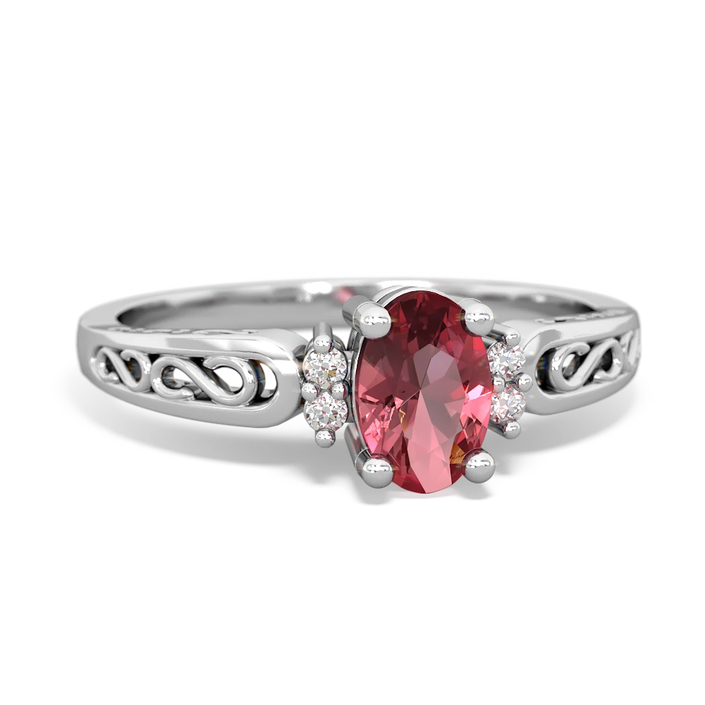 Pink Tourmaline Filligree Scroll Oval 14K White Gold ring R0812