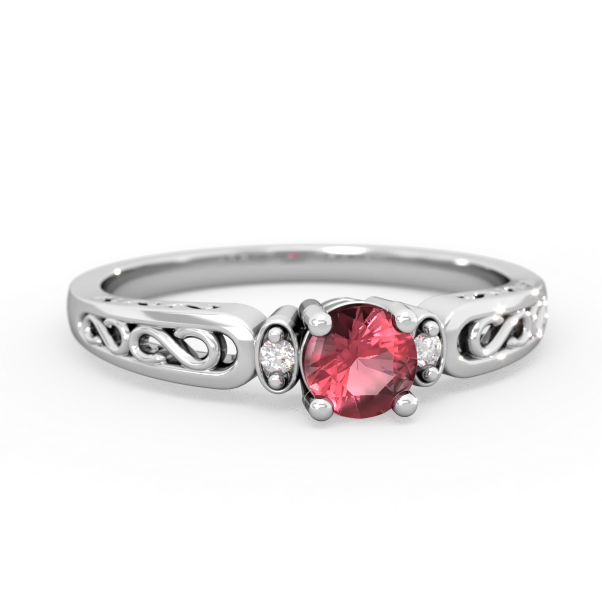 Pink Tourmaline Filligree Scroll Round 14K White Gold ring R0829