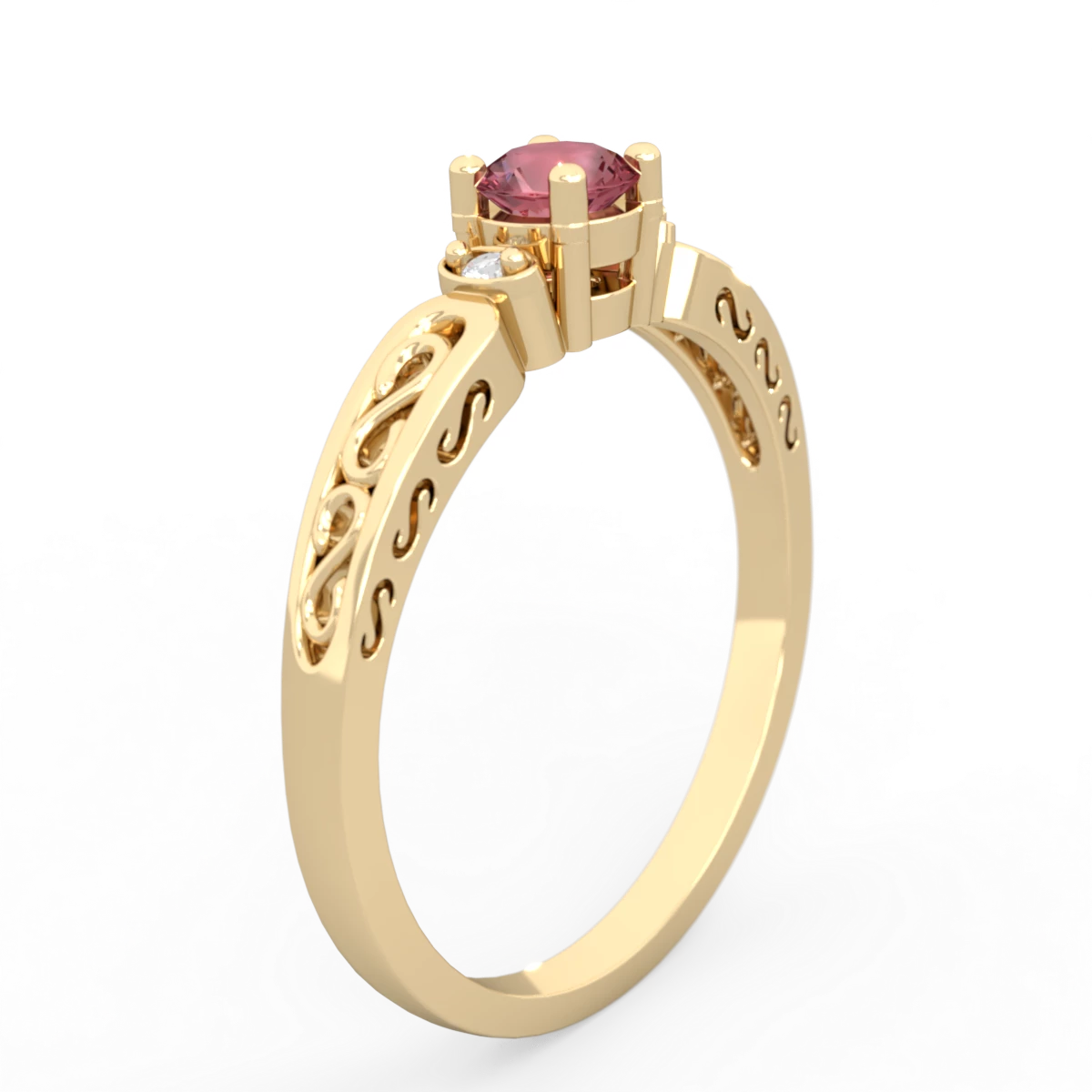 Pink Tourmaline Filligree Scroll Round 14K Yellow Gold ring R0829