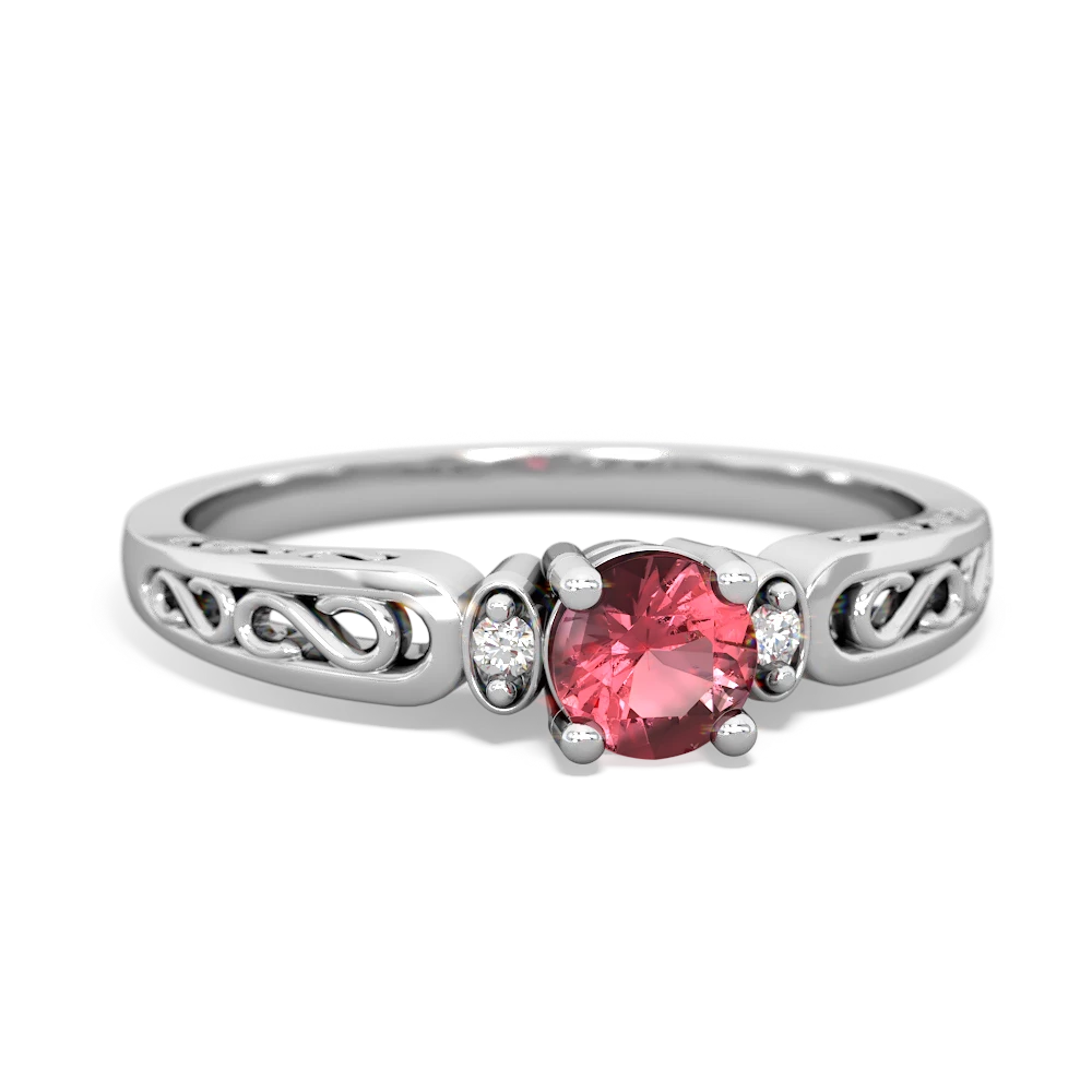 Pink Tourmaline Filligree Scroll Round 14K White Gold ring R0829