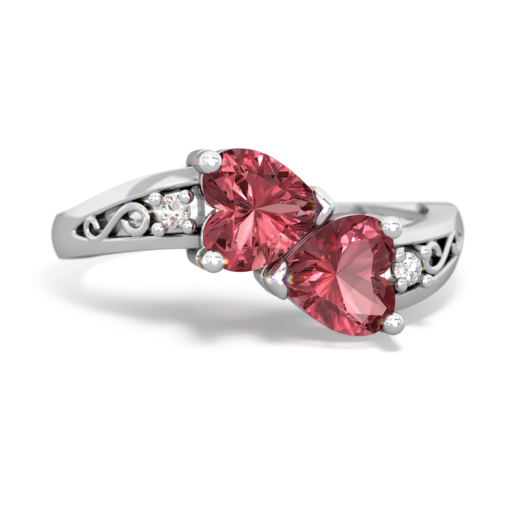 Pink Tourmaline Snuggling Hearts 14K White Gold ring R2178