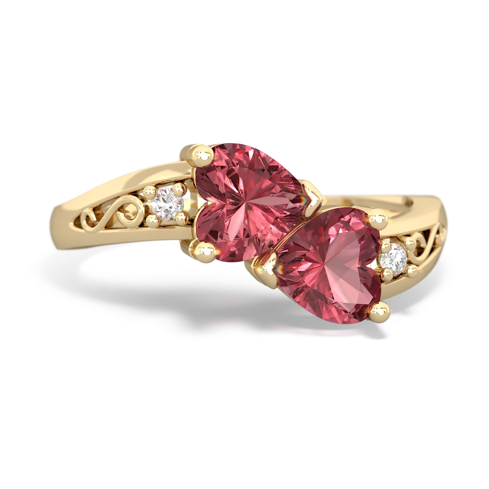 Pink Tourmaline Snuggling Hearts 14K Yellow Gold ring R2178