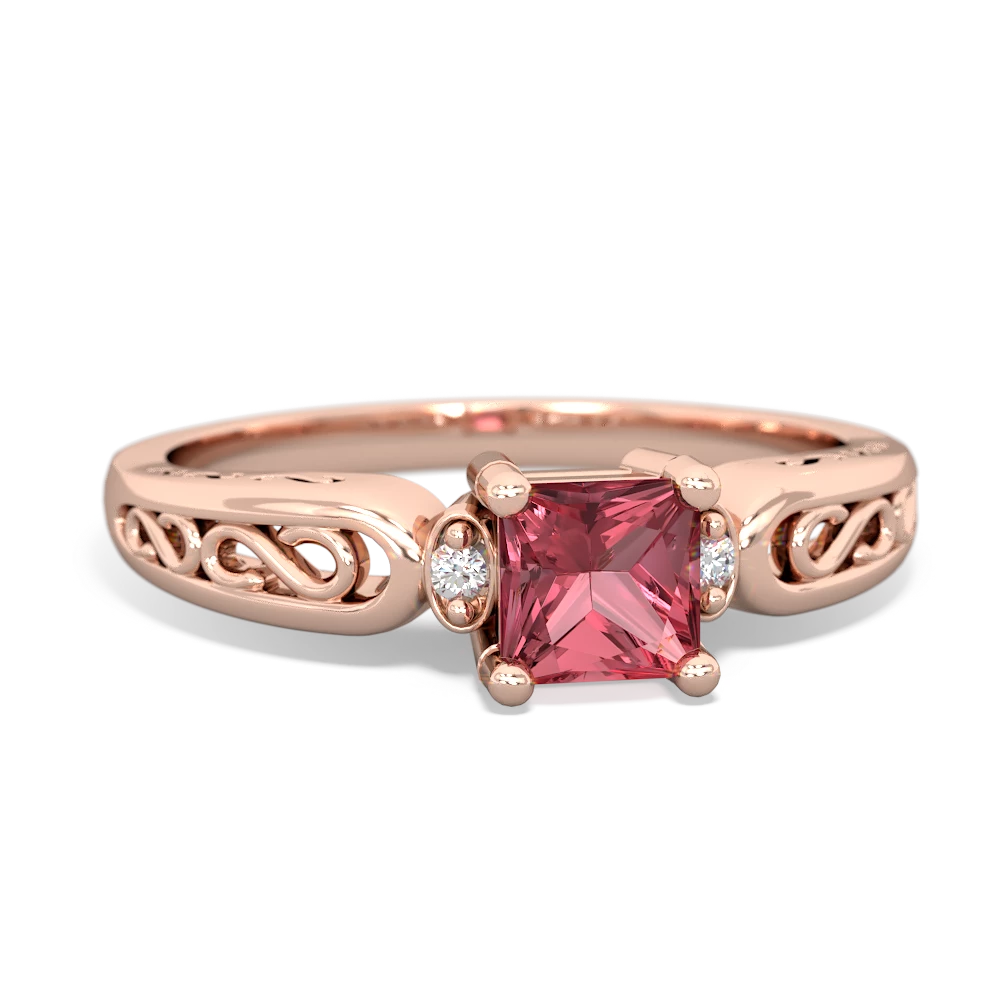 Pink Tourmaline Filligree Scroll Square 14K Rose Gold ring R2430