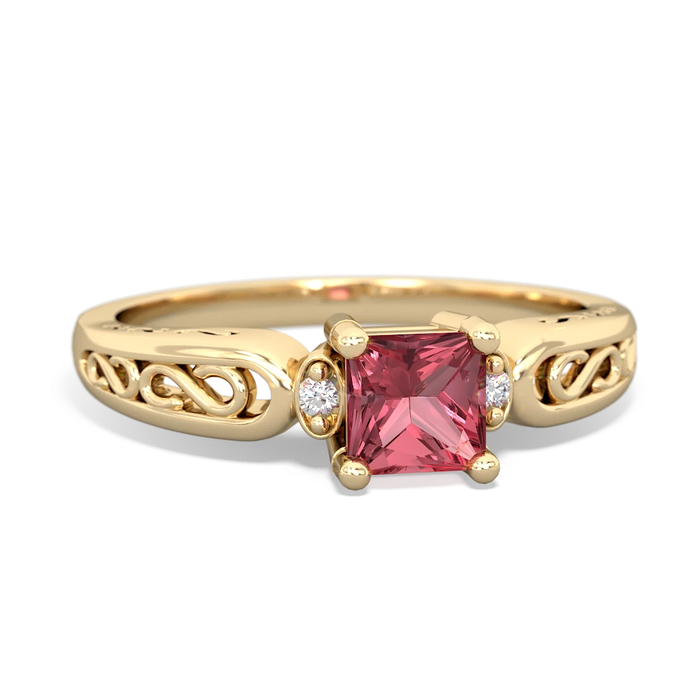 Pink Tourmaline Filligree Scroll Square 14K Yellow Gold ring R2430