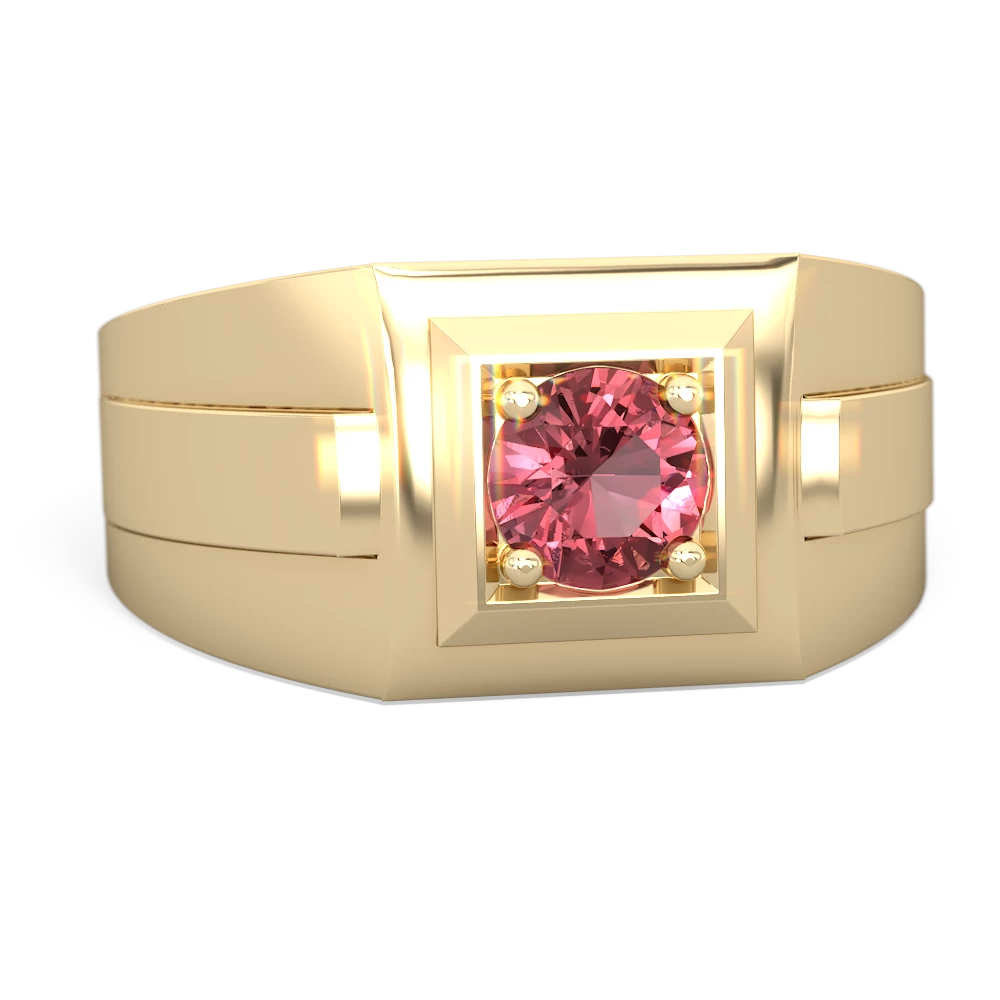 Pink Tourmaline Men's Squared Circle 14K Yellow Gold ring R0480