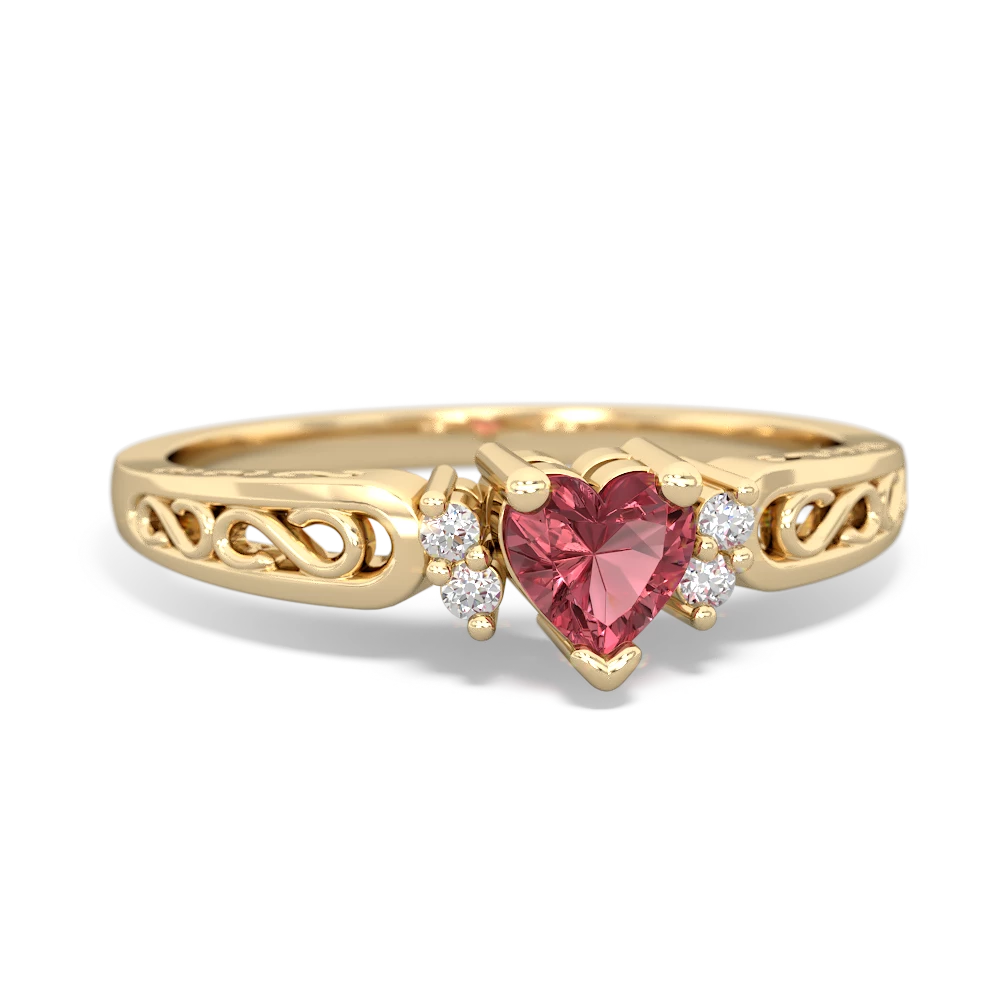 Pink Tourmaline Filligree Scroll Heart 14K Yellow Gold ring R2429