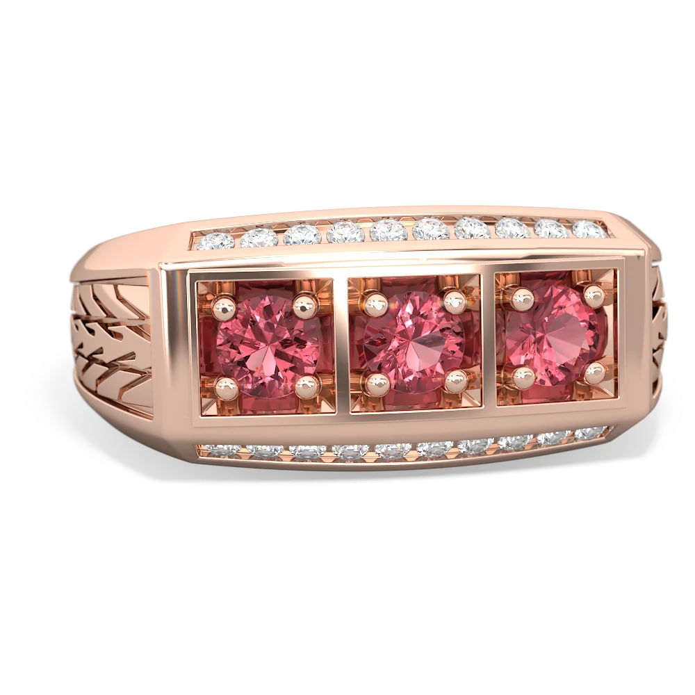 Pink Tourmaline Three Stone Tire Tread Men's 14K Rose Gold ring R0520