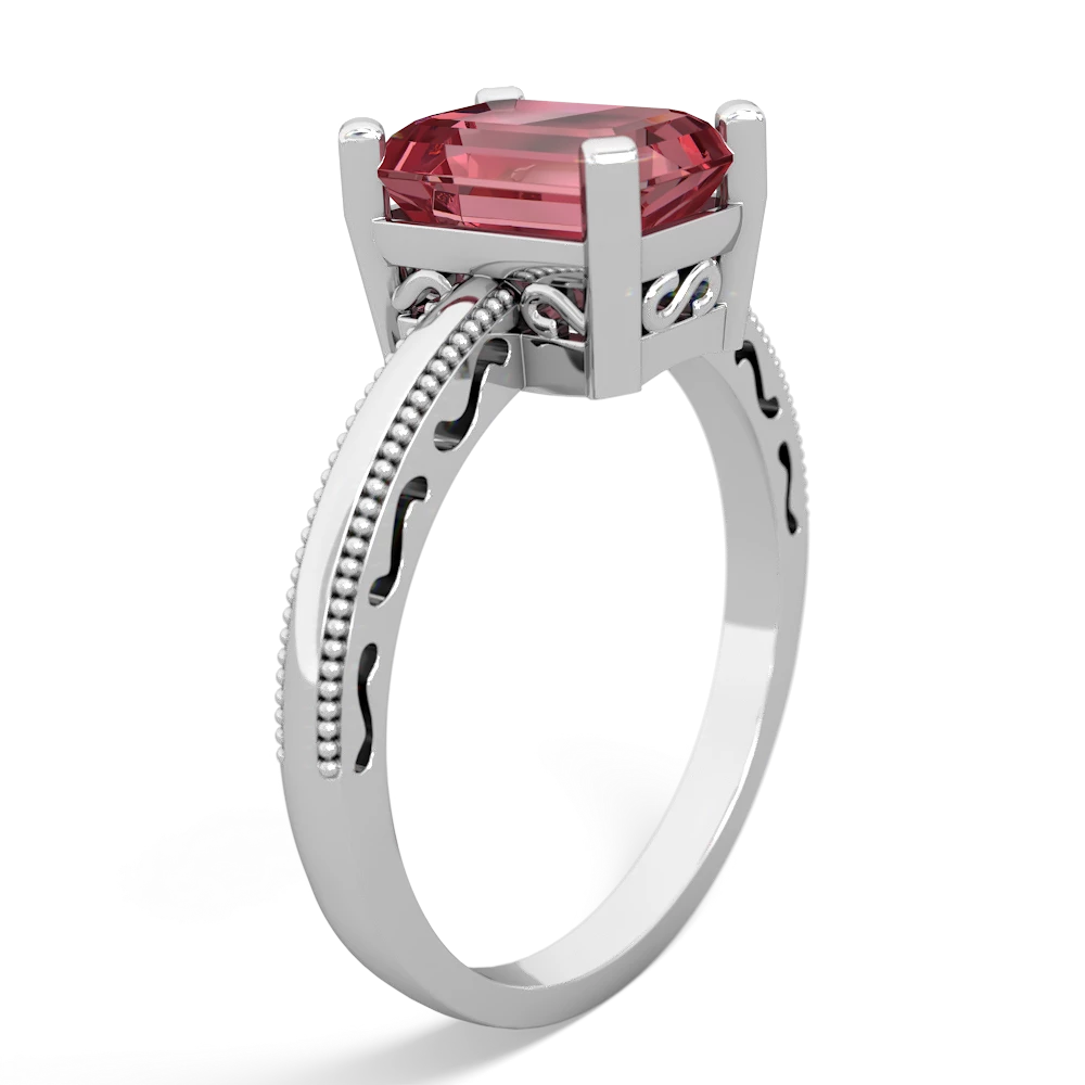 Pink Tourmaline Milgrain Scroll 14K White Gold ring R2338