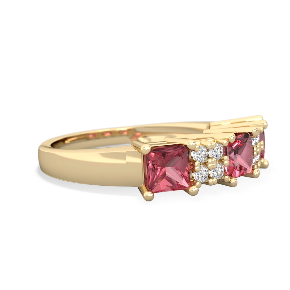 Pink Tourmaline Three Stone Diamond Cluster 14K Yellow Gold ring R2592