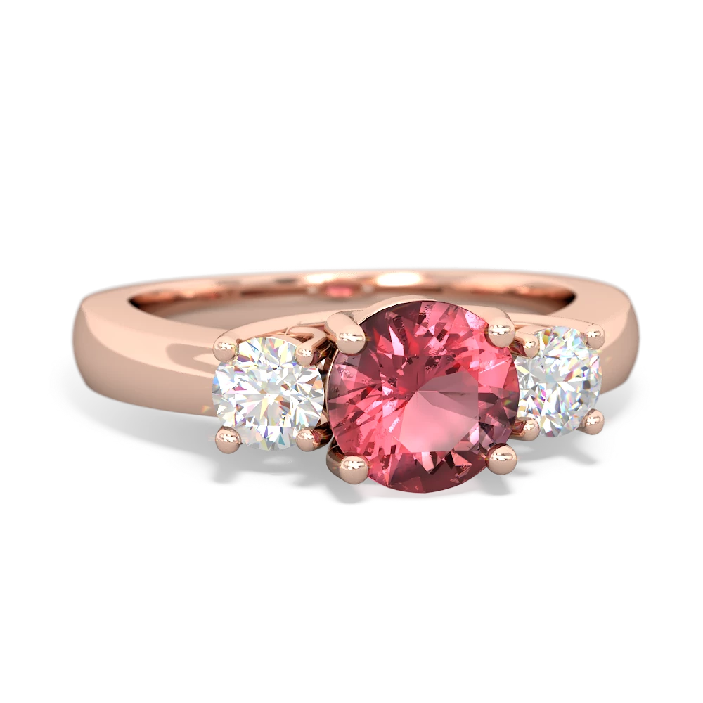 Pink Tourmaline Diamond Three Stone Round Trellis 14K Rose Gold ring R4018