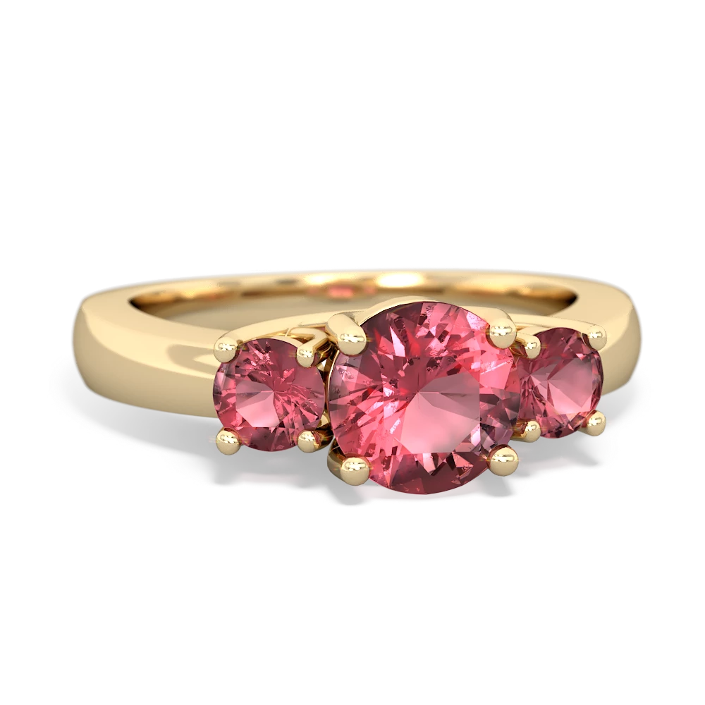 Pink Tourmaline Three Stone Round Trellis 14K Yellow Gold ring R4018