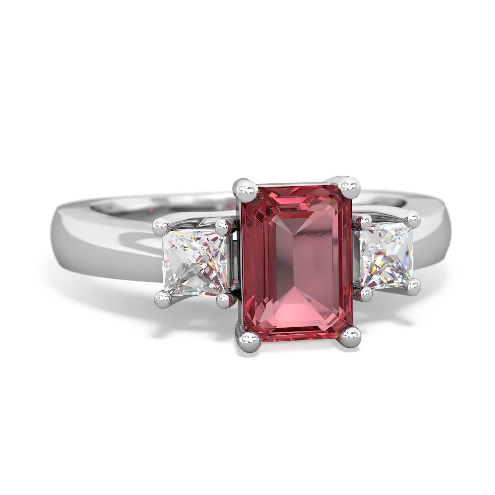 Pink Tourmaline Diamond Three Stone Emerald-Cut Trellis 14K White Gold ring R4021