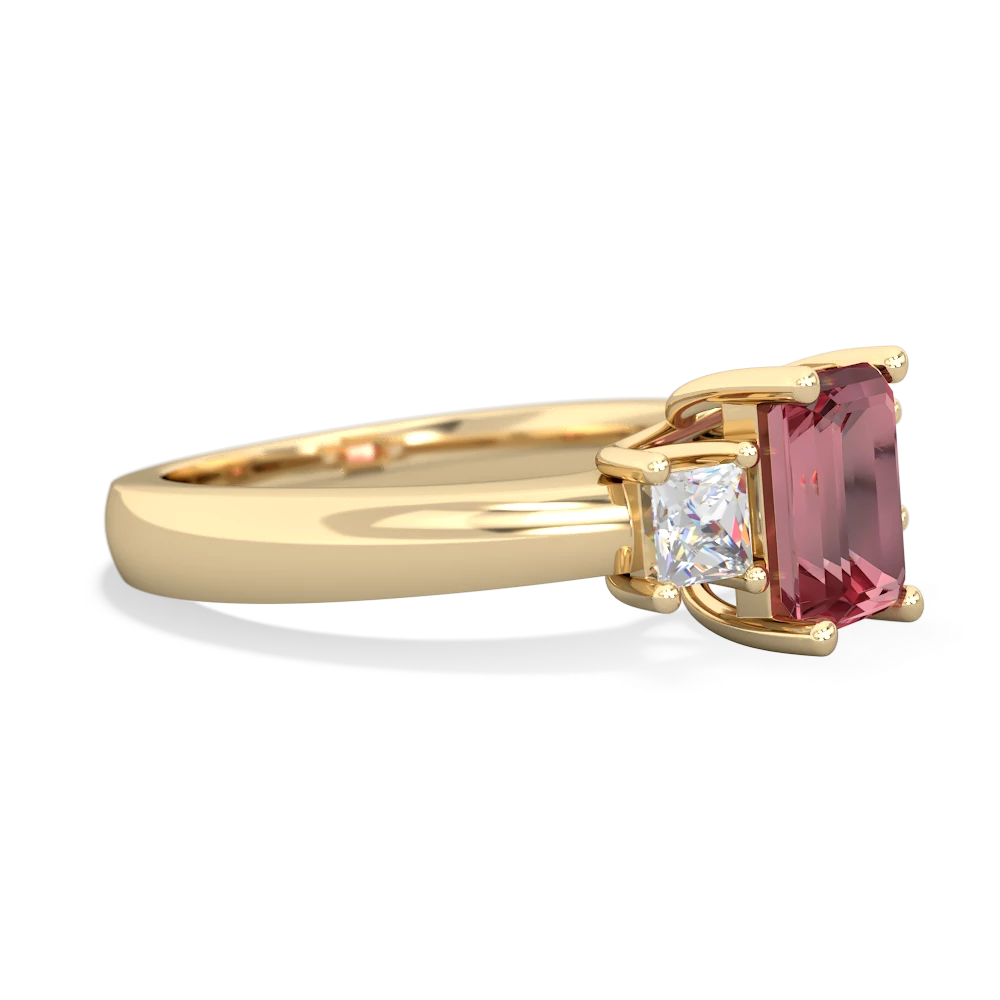 Pink Tourmaline Diamond Three Stone Emerald-Cut Trellis 14K Yellow Gold ring R4021