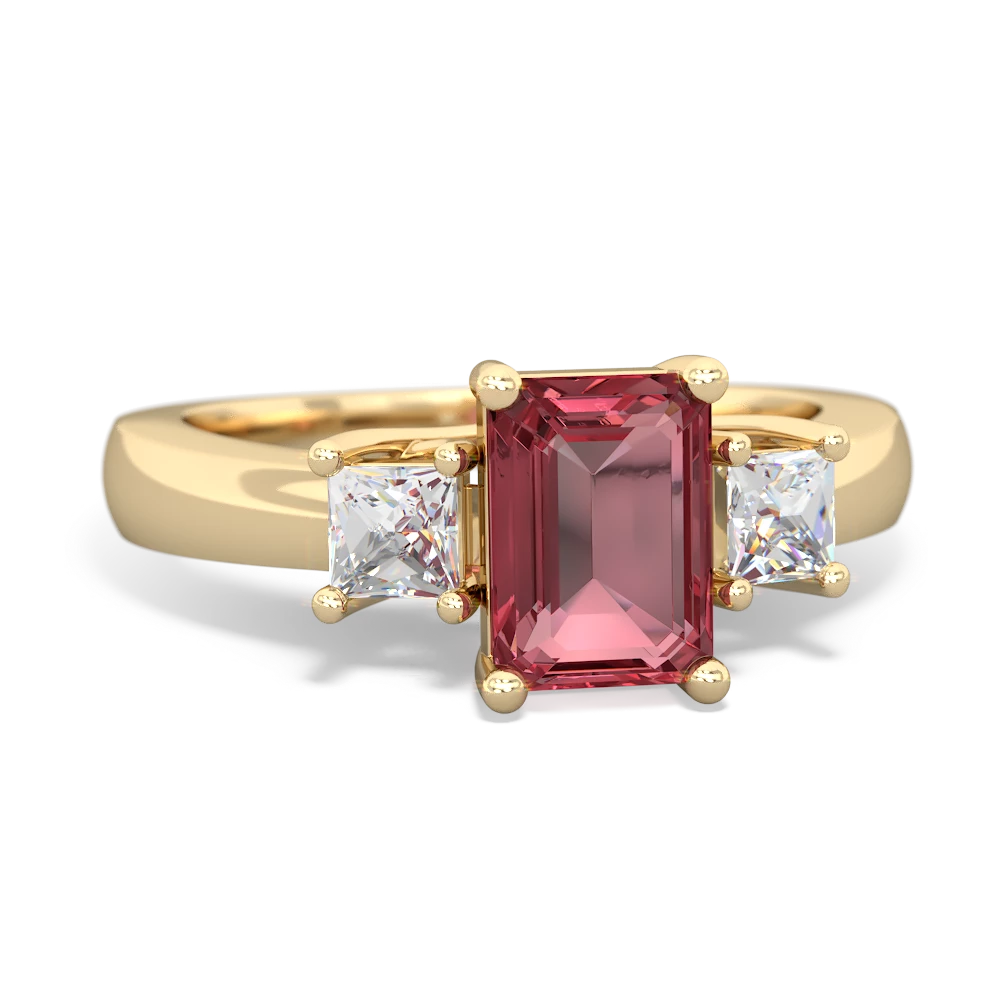 Pink Tourmaline Diamond Three Stone Emerald-Cut Trellis 14K Yellow Gold ring R4021