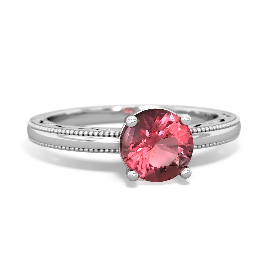 Pink Tourmaline Milgrain Filigree 14K White Gold ring R5090