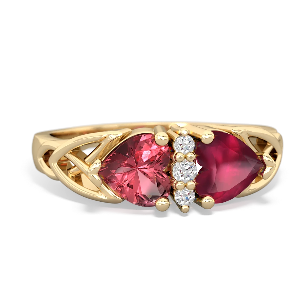 Pink Tourmaline Celtic Knot Double Heart 14K Yellow Gold ring R5040