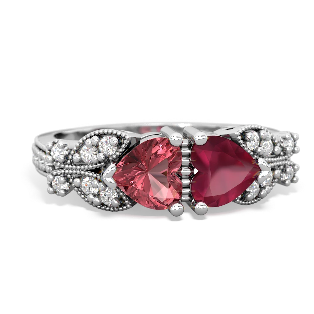 Pink Tourmaline Diamond Butterflies 14K White Gold ring R5601