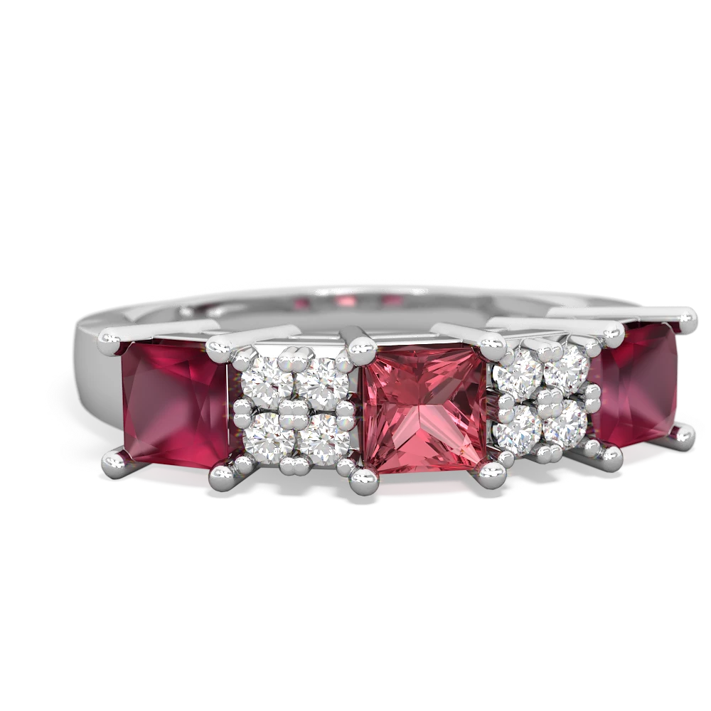 Pink Tourmaline Three Stone Diamond Cluster 14K White Gold ring R2592