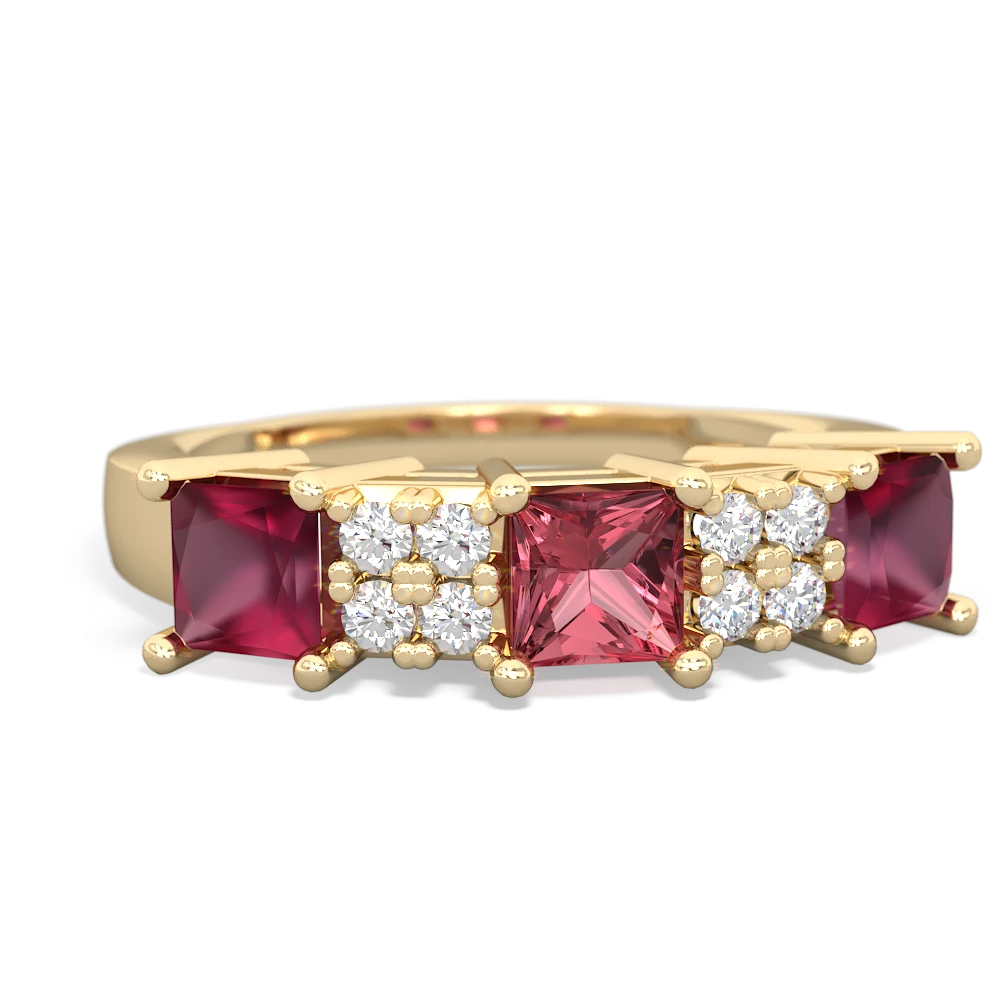 Pink Tourmaline Three Stone Diamond Cluster 14K Yellow Gold ring R2592