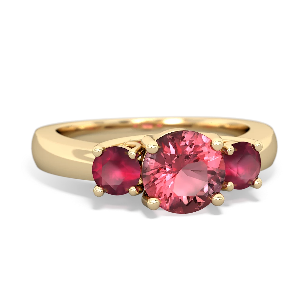 Pink Tourmaline Three Stone Round Trellis 14K Yellow Gold ring R4018