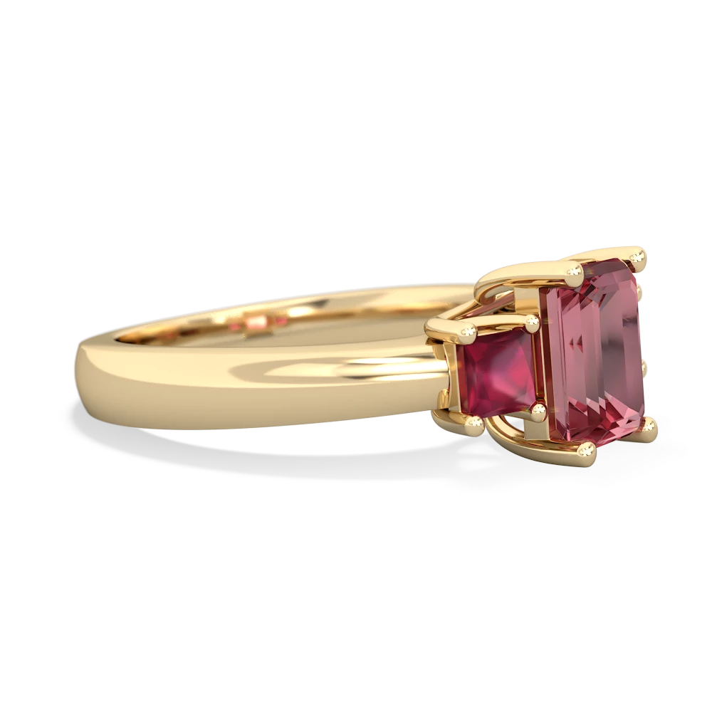 Pink Tourmaline Three Stone Emerald-Cut Trellis 14K Yellow Gold ring R4021