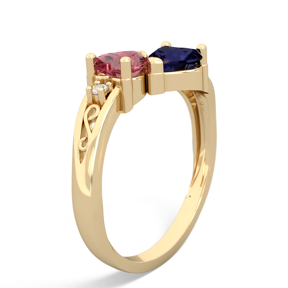 Pink Tourmaline Snuggling Hearts 14K Yellow Gold ring R2178