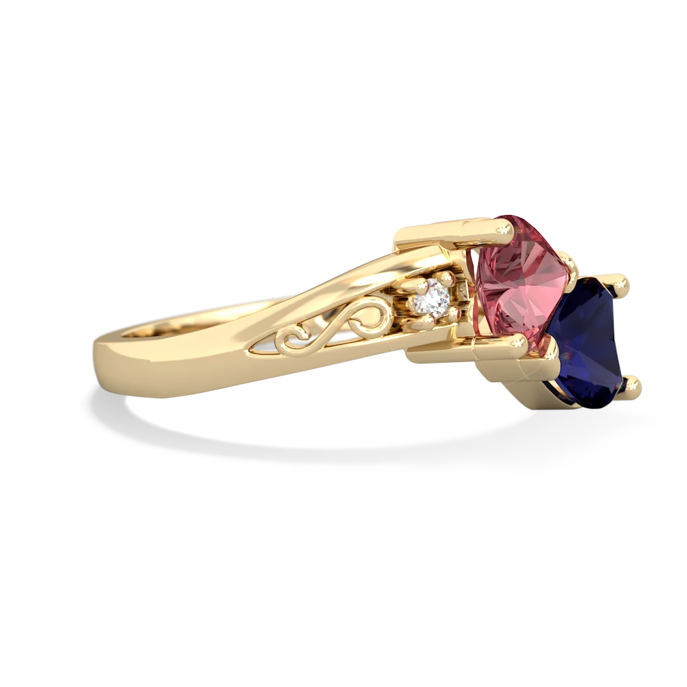 Pink Tourmaline Snuggling Hearts 14K Yellow Gold ring R2178