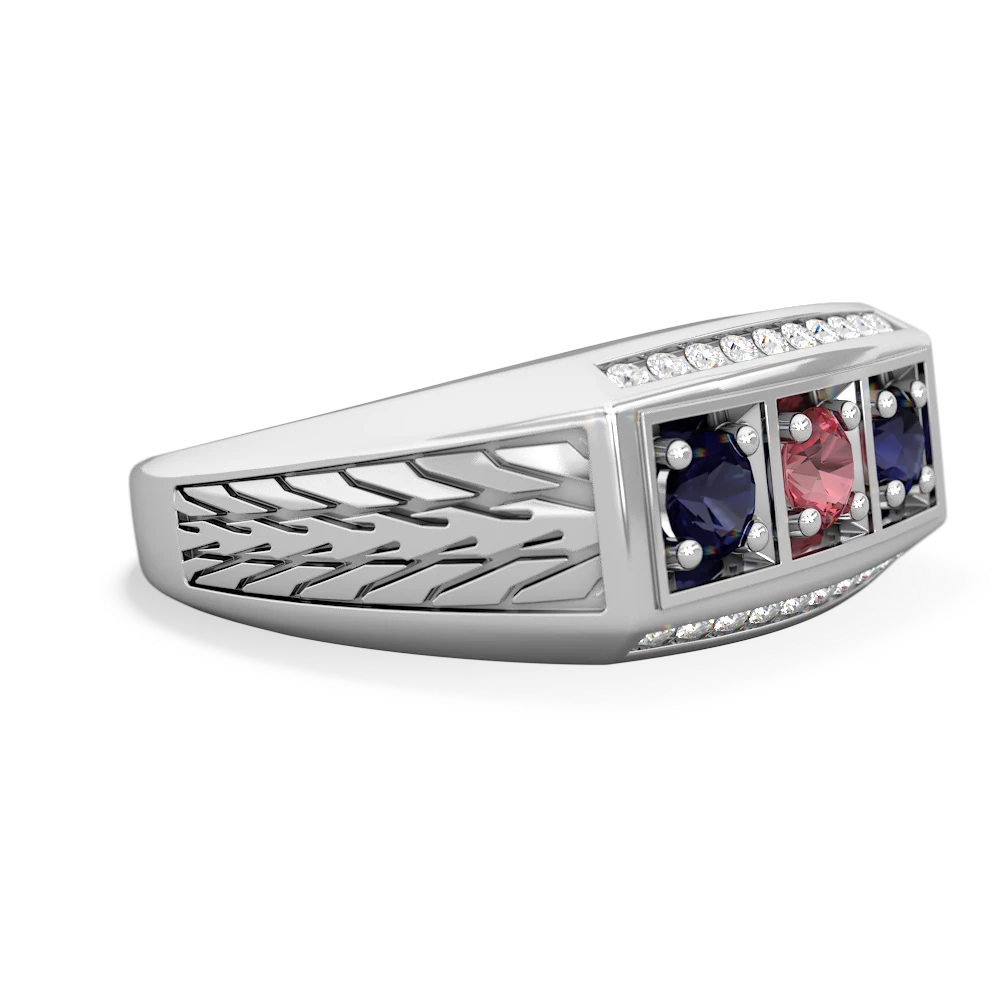 Pink Tourmaline Three Stone Tire Tread Men's 14K White Gold ring R0520