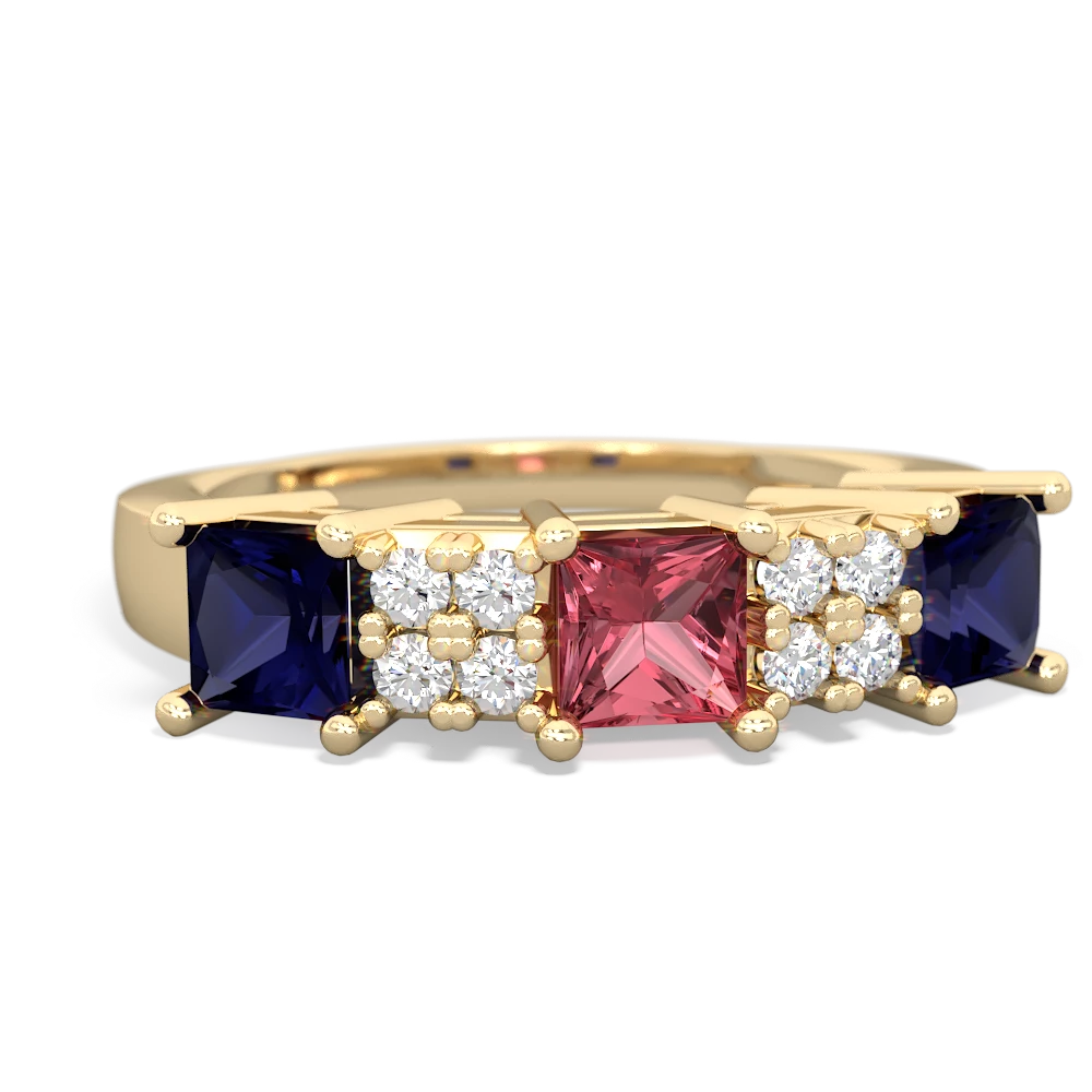 Pink Tourmaline Three Stone Diamond Cluster 14K Yellow Gold ring R2592