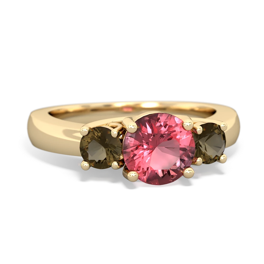 Pink Tourmaline Three Stone Round Trellis 14K Yellow Gold ring R4018