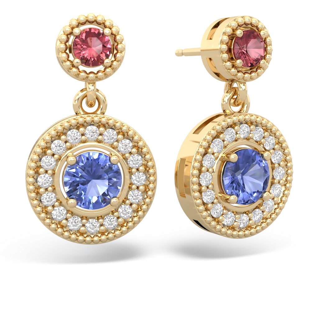 Pink Tourmaline Halo Dangle 14K Yellow Gold earrings E5319