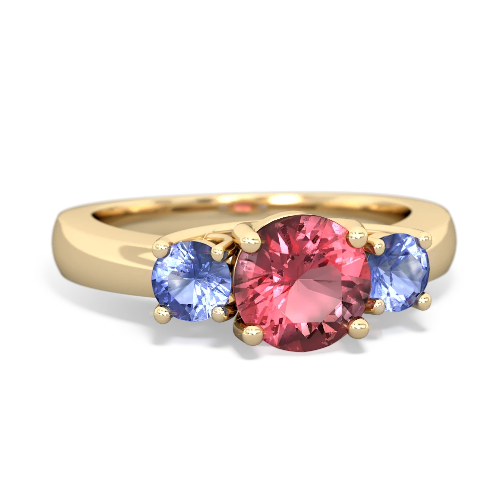 Pink Tourmaline Three Stone Round Trellis 14K Yellow Gold ring R4018