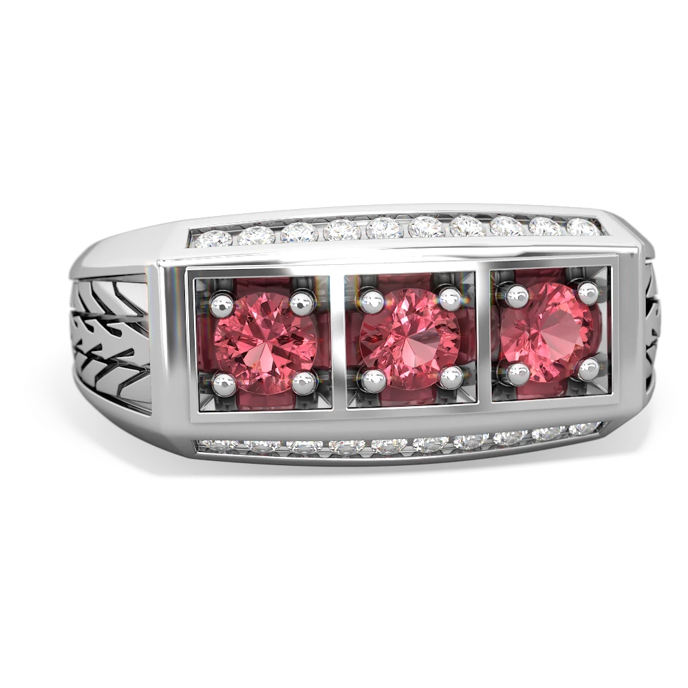 Ruby Three Stone Tire Tread Men's 14K White Gold ring R0520