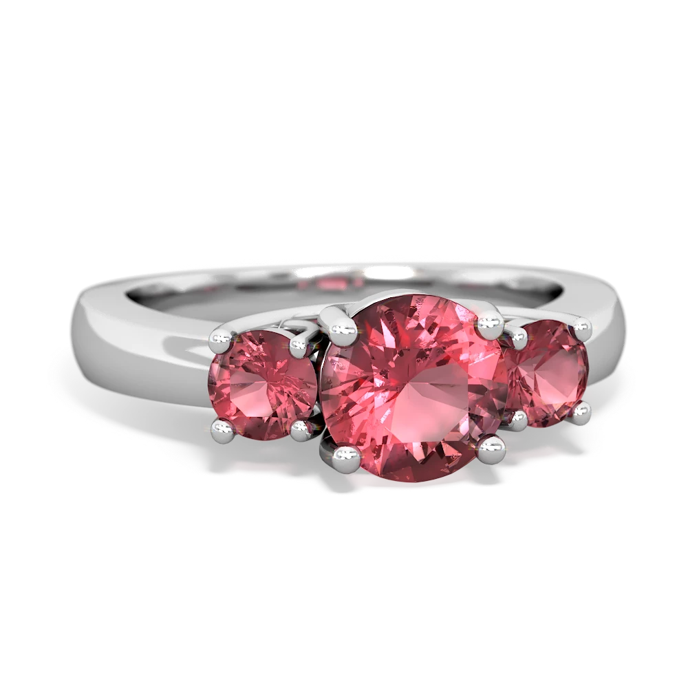 Lab Ruby Three Stone Round Trellis 14K White Gold ring R4018