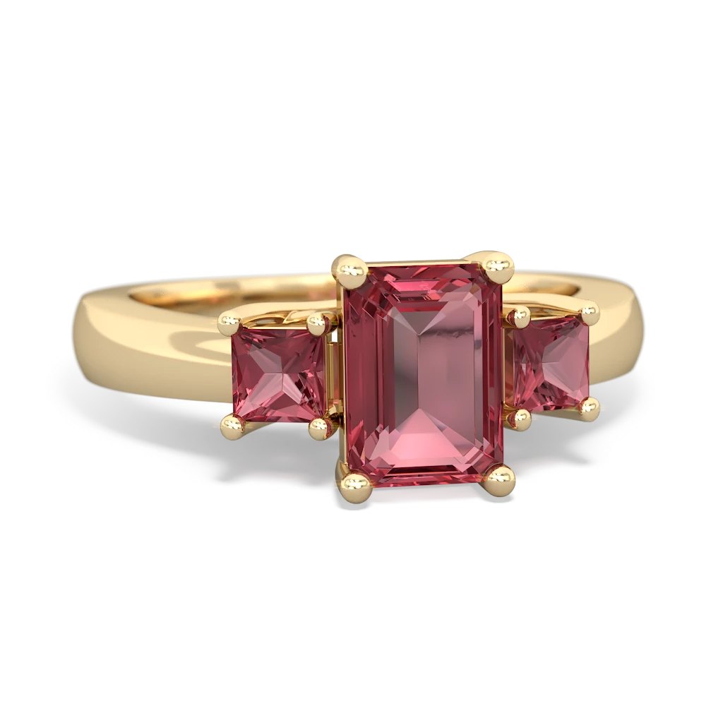 Lab Ruby Three Stone Emerald-Cut Trellis 14K Yellow Gold ring R4021