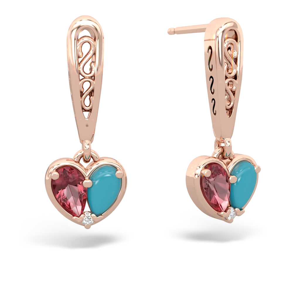 Pink Tourmaline Filligree Heart 14K Rose Gold earrings E5070