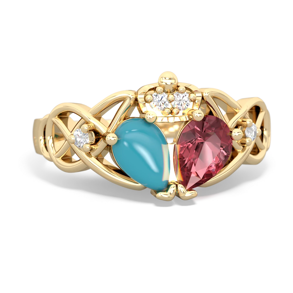 Pink Tourmaline 'One Heart' Celtic Knot Claddagh 14K Yellow Gold ring R5322