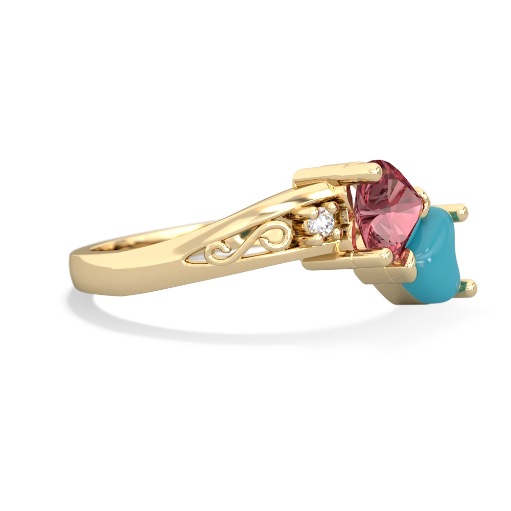 Pink Tourmaline Snuggling Hearts 14K Yellow Gold ring R2178