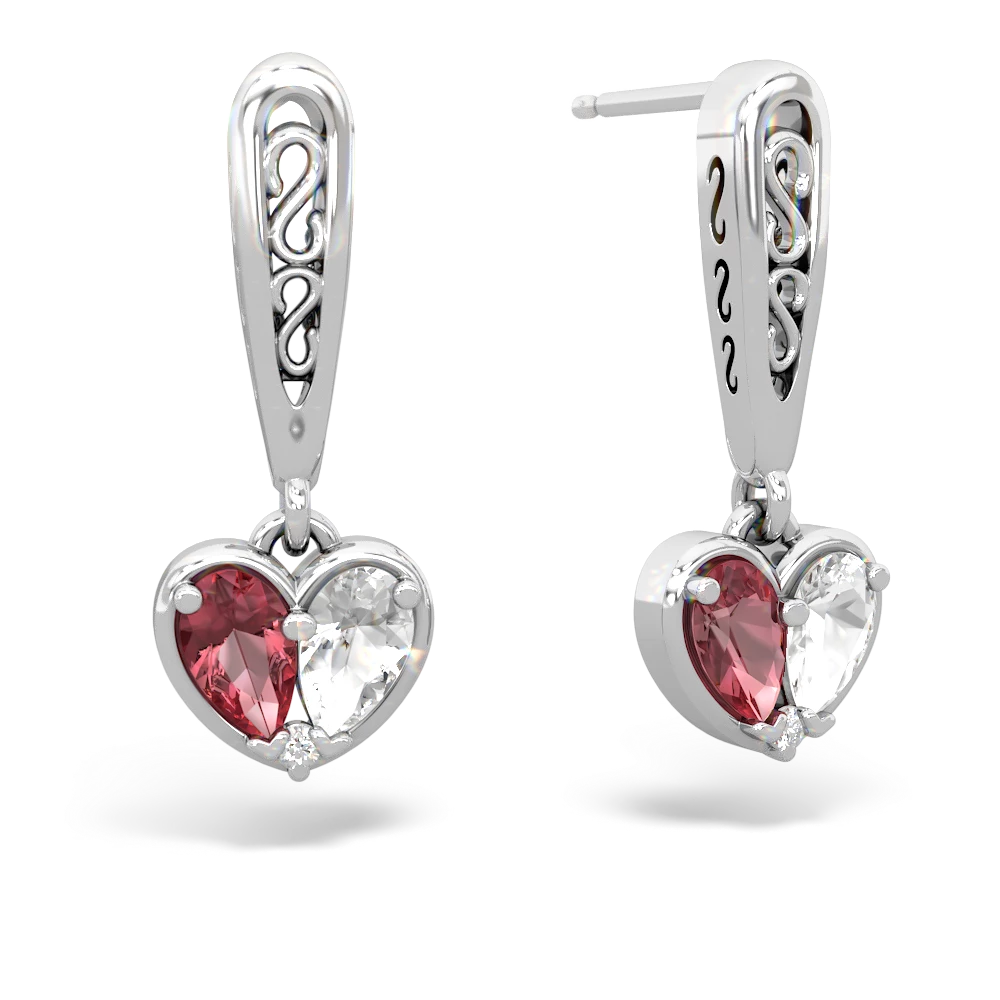 Pink Tourmaline Filligree Heart 14K White Gold earrings E5070